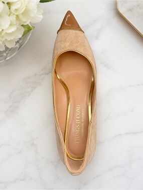Beige Pointed Toe Flat with Gold Trim by